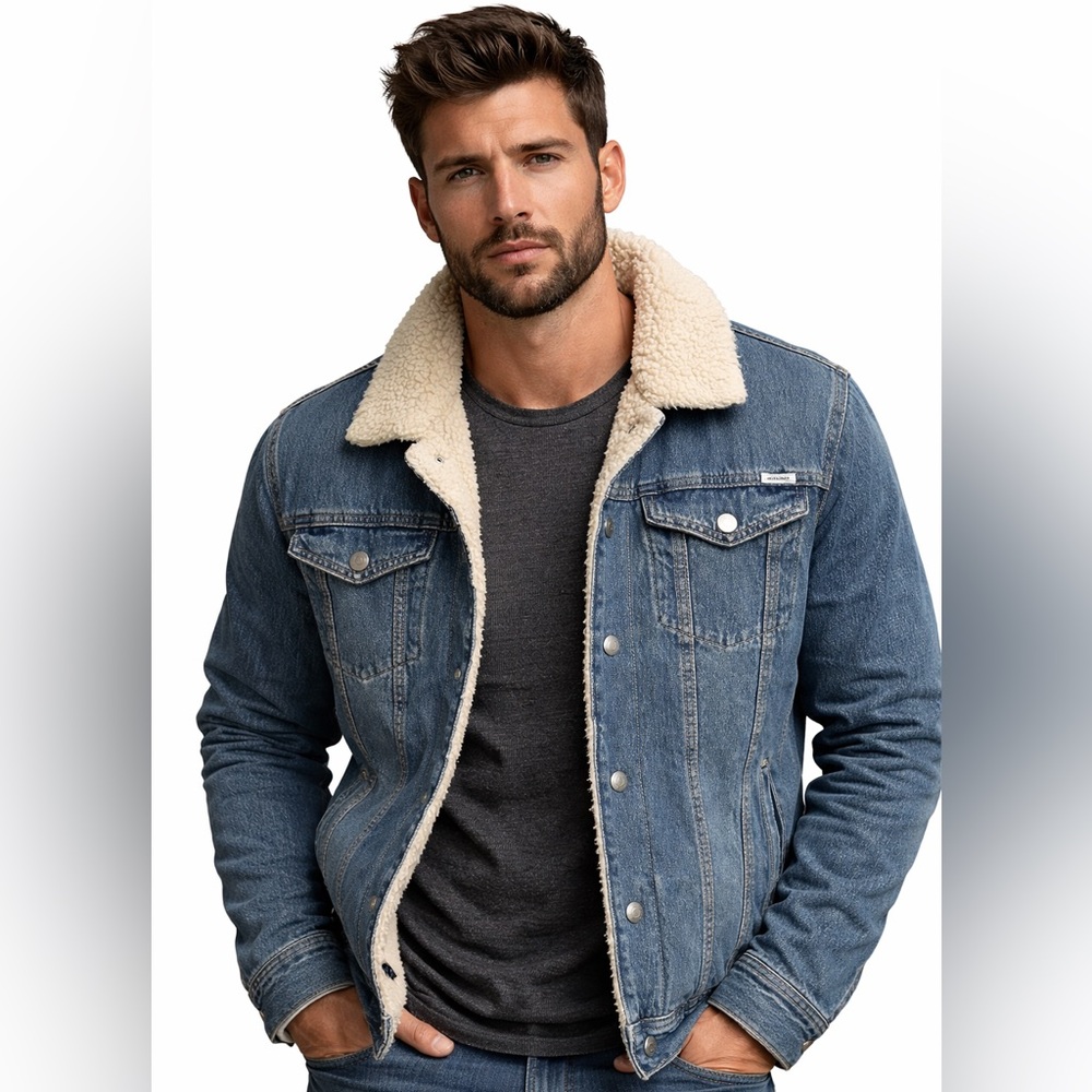 Jack & Jones Men’s Blue Denim Jacket with Cream Sherpa Lining Size M